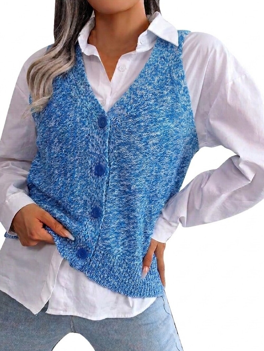 LOFT Women's Blue Marled Knit Button-Front Sweater Vest Cotton Preppy Size L